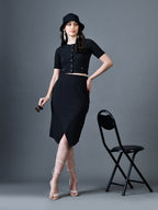Myshka Women Black Polyester A-Line Round Neck Solid Knee Length Short Sleeves Co-Ords | Grocsy