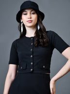 Myshka Women Black Polyester A-Line Round Neck Solid Knee Length Short Sleeves Co-Ords | Grocsy