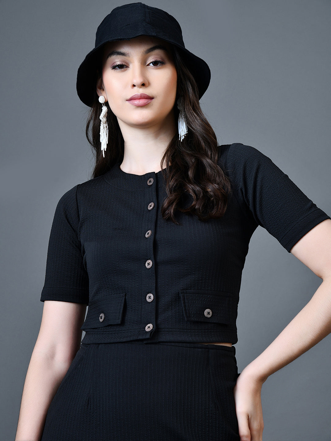 Myshka Women Black Polyester A-Line Round Neck Solid Knee Length Short Sleeves Co-Ords | Grocsy