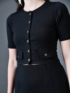 Myshka Women Black Polyester A-Line Round Neck Solid Knee Length Short Sleeves Co-Ords | Grocsy
