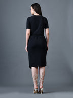 Myshka Women Black Polyester A-Line Round Neck Solid Knee Length Short Sleeves Co-Ords | Grocsy