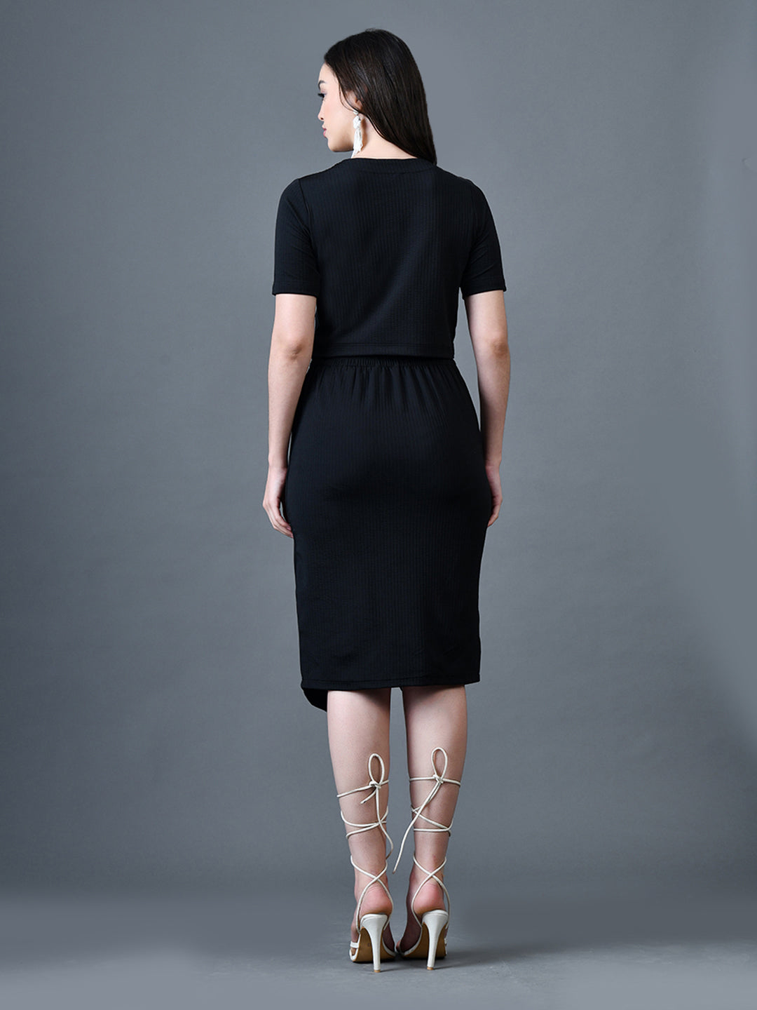 Myshka Women Black Polyester A-Line Round Neck Solid Knee Length Short Sleeves Co-Ords | Grocsy