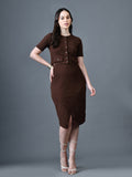 Myshka Women Brown Polyester A-Line Round Neck Solid Knee Length Short Sleeves Co-Ords | Grocsy