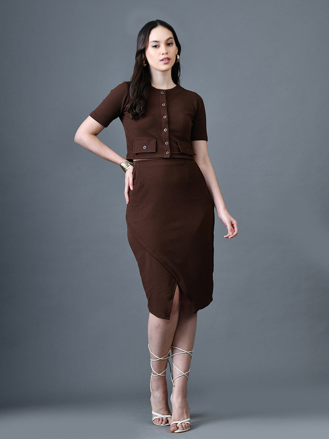 Myshka Women Brown Polyester A-Line Round Neck Solid Knee Length Short Sleeves Co-Ords | Grocsy