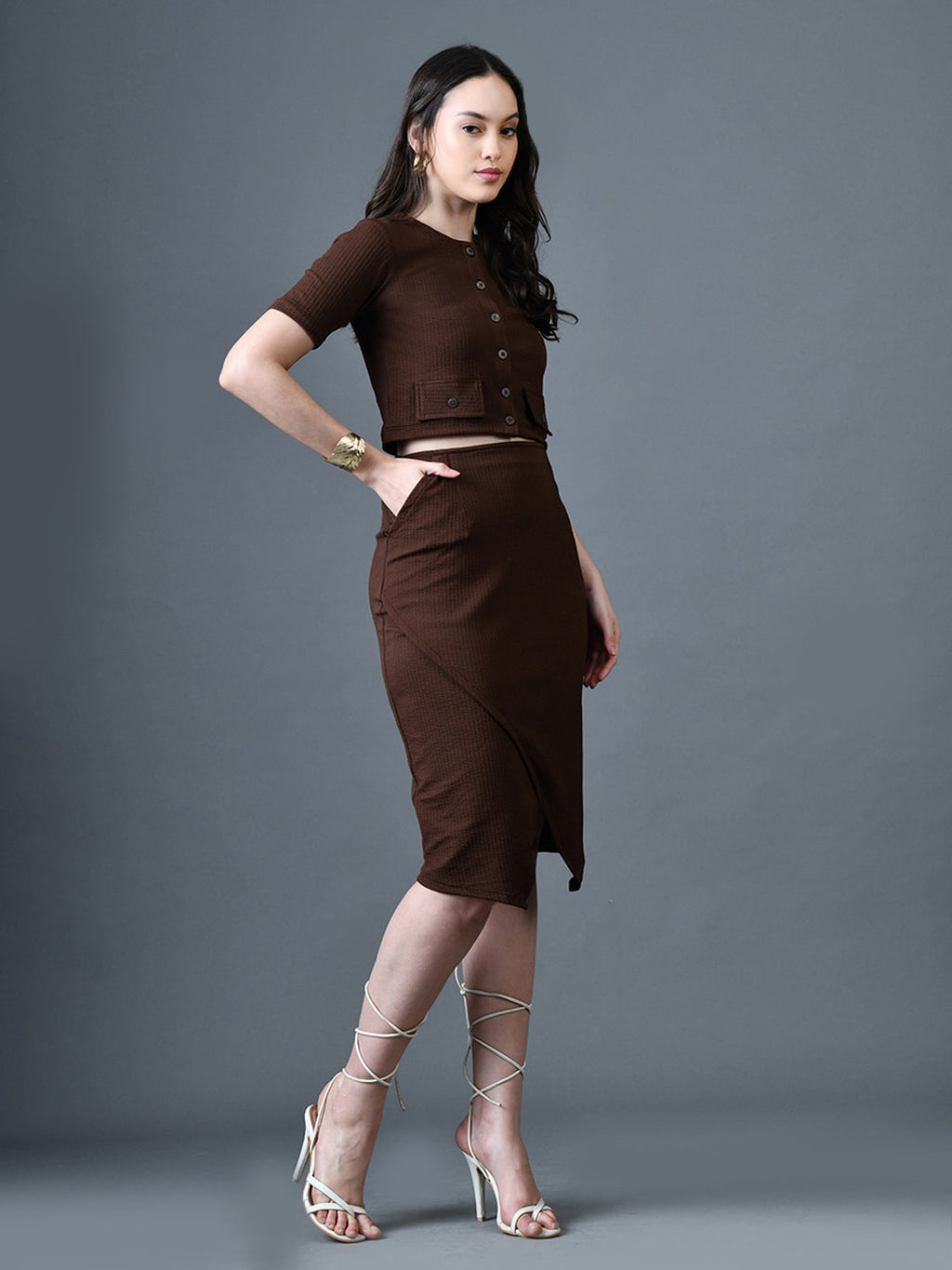 Myshka Women Brown Polyester A-Line Round Neck Solid Knee Length Short Sleeves Co-Ords | Grocsy