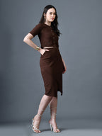 Myshka Women Brown Polyester A-Line Round Neck Solid Knee Length Short Sleeves Co-Ords | Grocsy