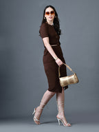 Myshka Women Brown Polyester A-Line Round Neck Solid Knee Length Short Sleeves Co-Ords | Grocsy