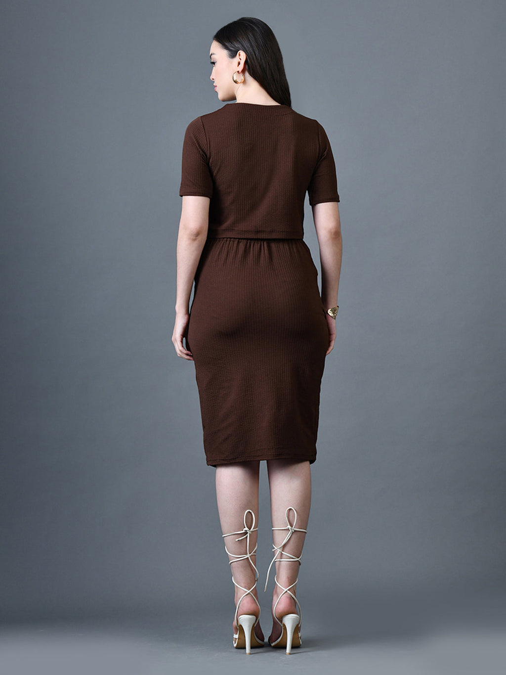 Myshka Women Brown Polyester A-Line Round Neck Solid Knee Length Short Sleeves Co-Ords | Grocsy