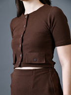 Myshka Women Brown Polyester A-Line Round Neck Solid Knee Length Short Sleeves Co-Ords | Grocsy