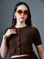 Myshka Women Brown Polyester A-Line Round Neck Solid Knee Length Short Sleeves Co-Ords | Grocsy