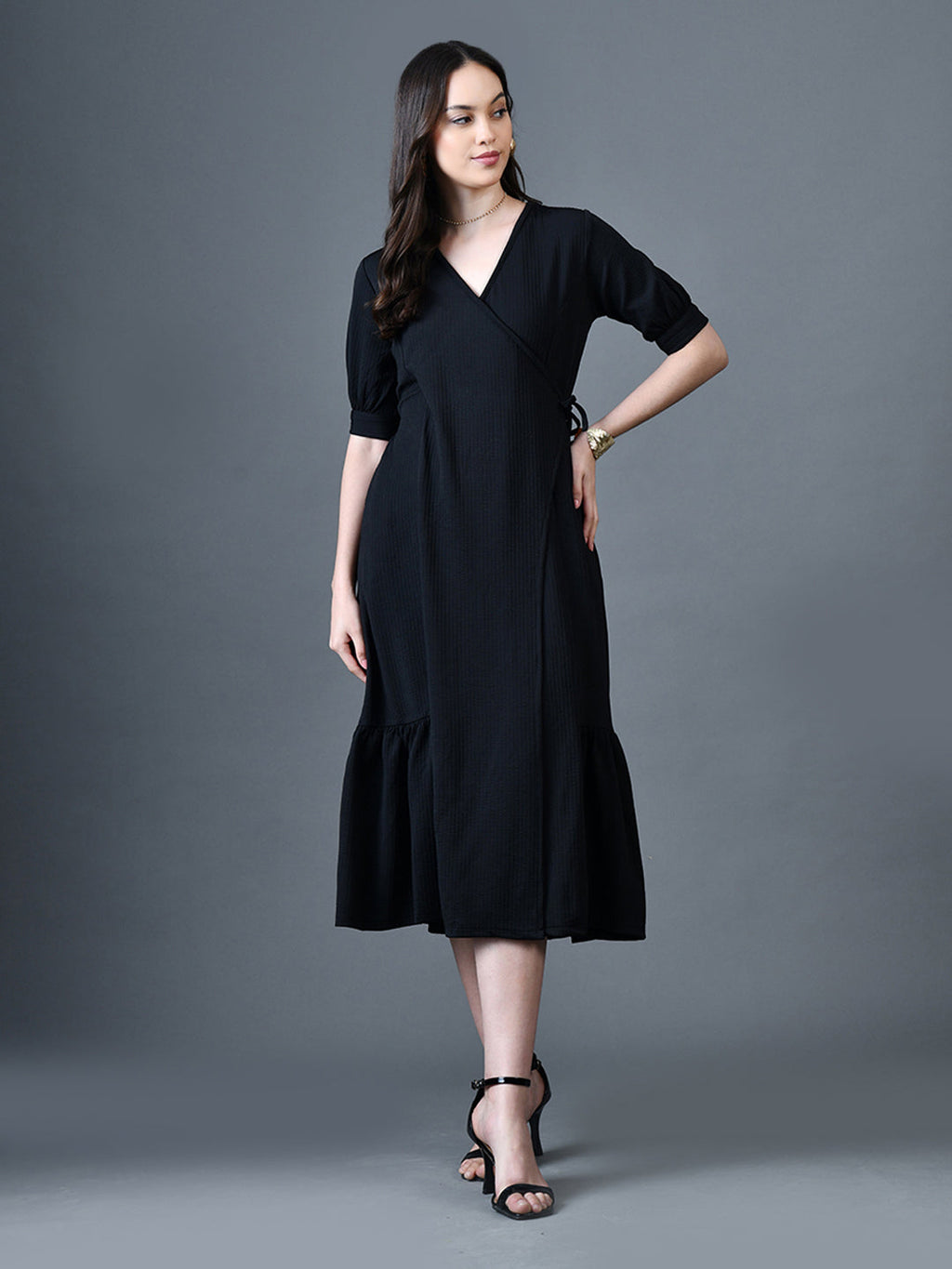 Myshka Women Black Polyester A-Line V-Neck Solid Knee Length Short Sleeves Dresses | Grocsy