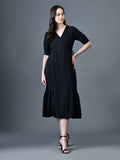 Myshka Women Black Polyester A-Line V-Neck Solid Knee Length Short Sleeves Dresses | Grocsy