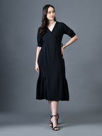 Myshka Women Black Polyester A-Line V-Neck Solid Knee Length Short Sleeves Dresses | Grocsy