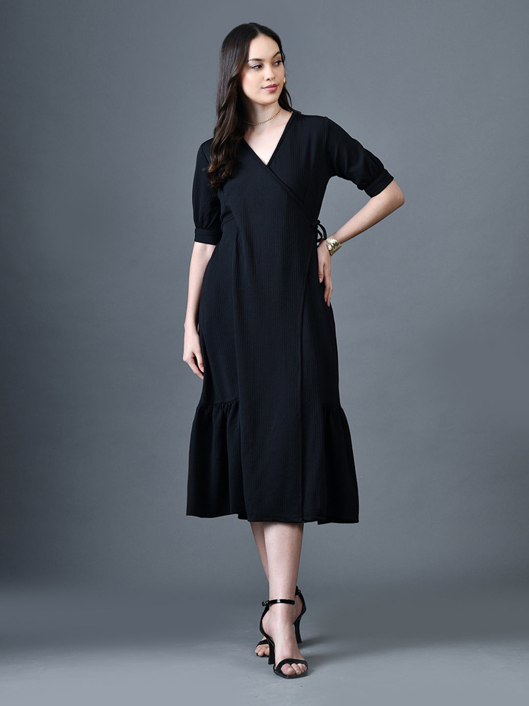 Myshka Women Black Polyester A-Line V-Neck Solid Knee Length Short Sleeves Dresses | Grocsy