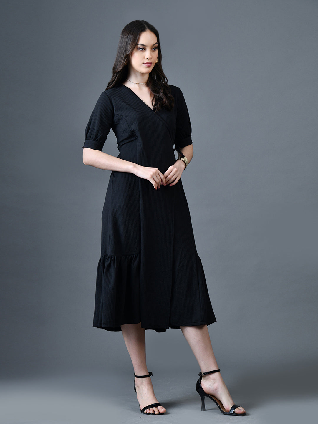 Myshka Women Black Polyester A-Line V-Neck Solid Knee Length Short Sleeves Dresses | Grocsy