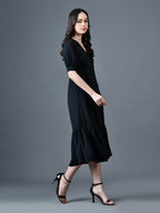 Myshka Women Black Polyester A-Line V-Neck Solid Knee Length Short Sleeves Dresses | Grocsy