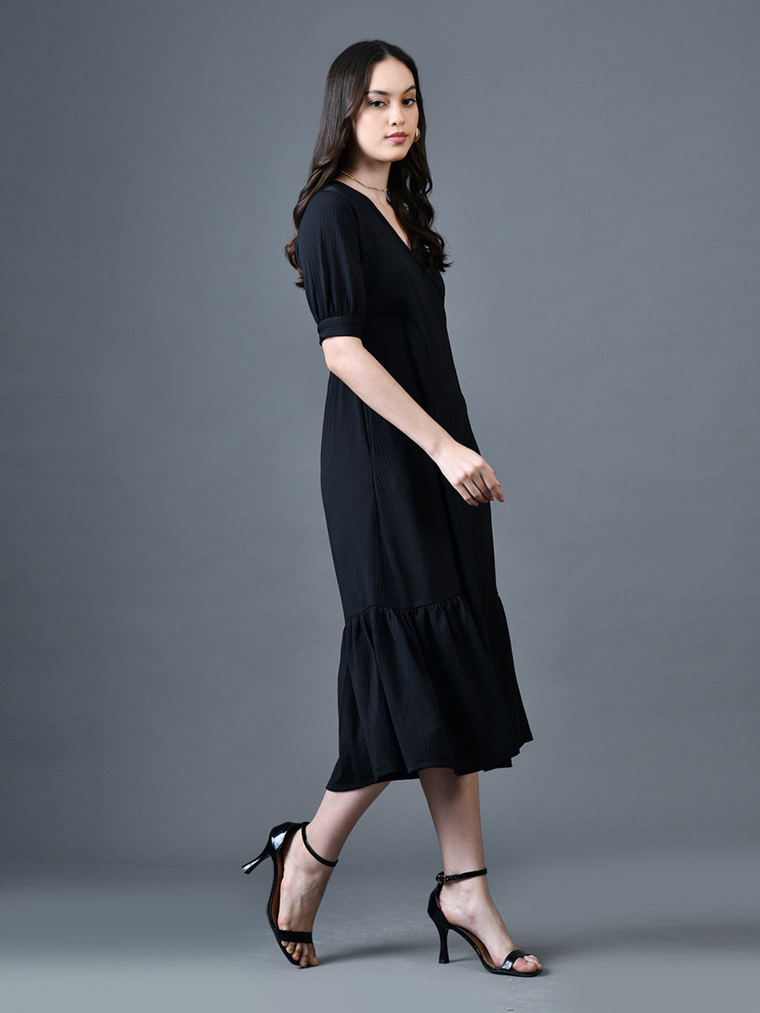 Myshka Women Black Polyester A-Line V-Neck Solid Knee Length Short Sleeves Dresses | Grocsy