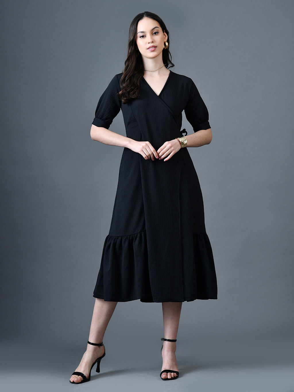 Myshka Women Black Polyester A-Line V-Neck Solid Knee Length Short Sleeves Dresses | Grocsy