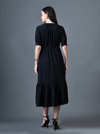 Myshka Women Black Polyester A-Line V-Neck Solid Knee Length Short Sleeves Dresses | Grocsy