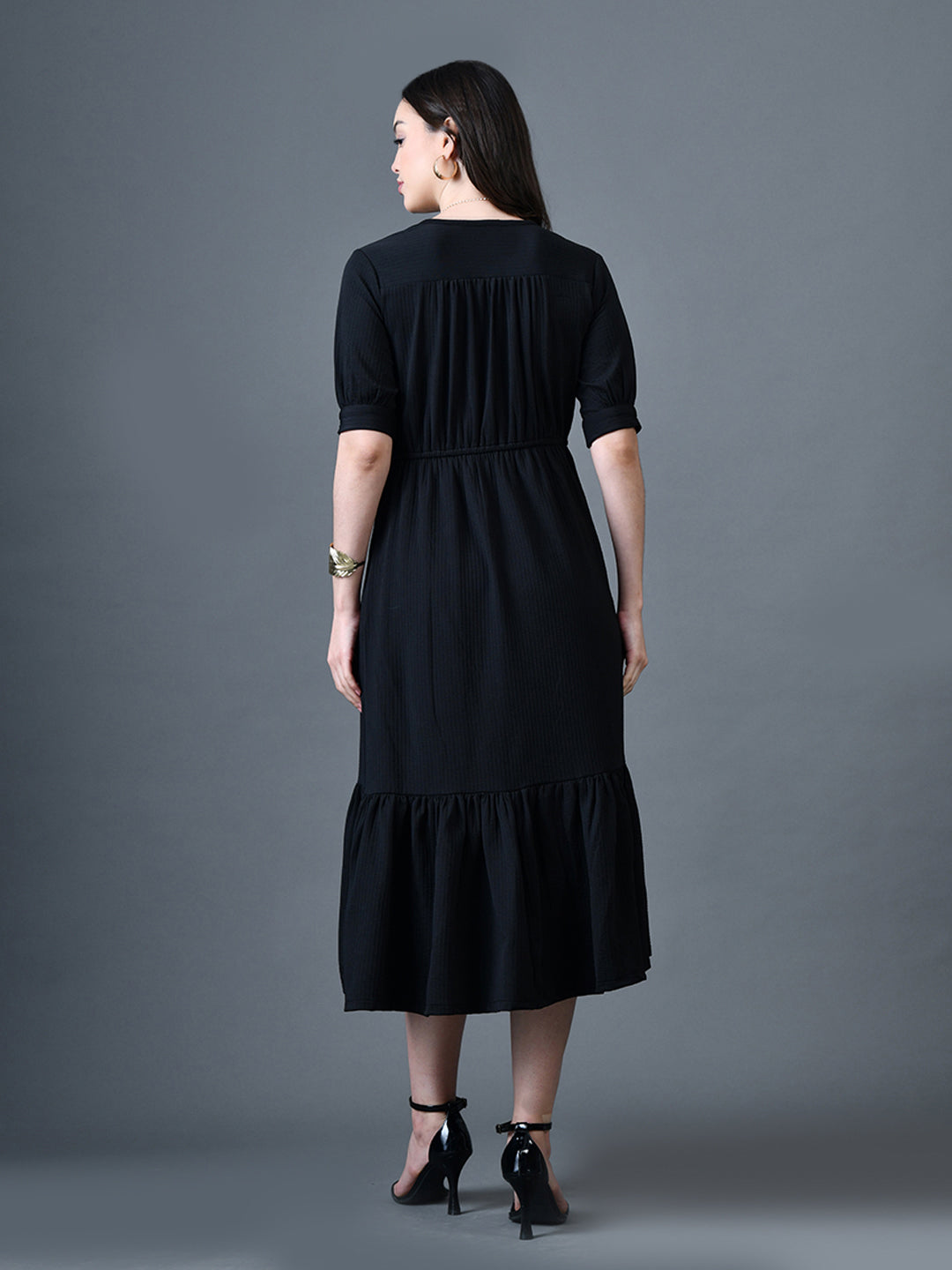 Myshka Women Black Polyester A-Line V-Neck Solid Knee Length Short Sleeves Dresses | Grocsy