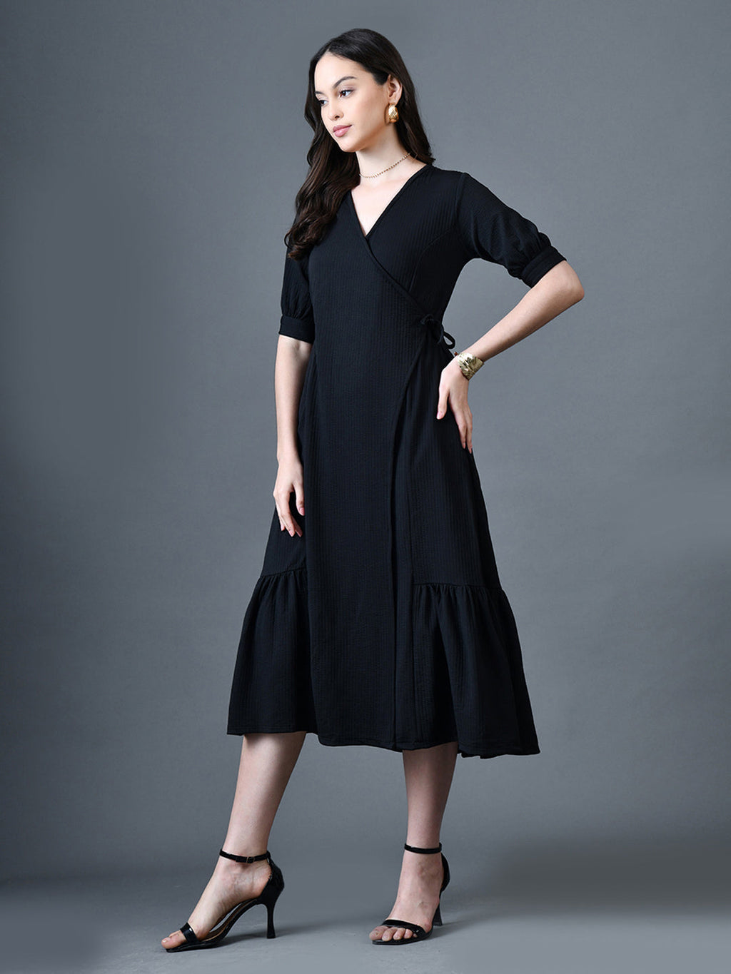 Myshka Women Black Polyester A-Line V-Neck Solid Knee Length Short Sleeves Dresses | Grocsy