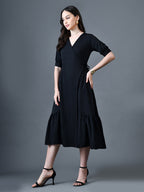 Myshka Women Black Polyester A-Line V-Neck Solid Knee Length Short Sleeves Dresses | Grocsy