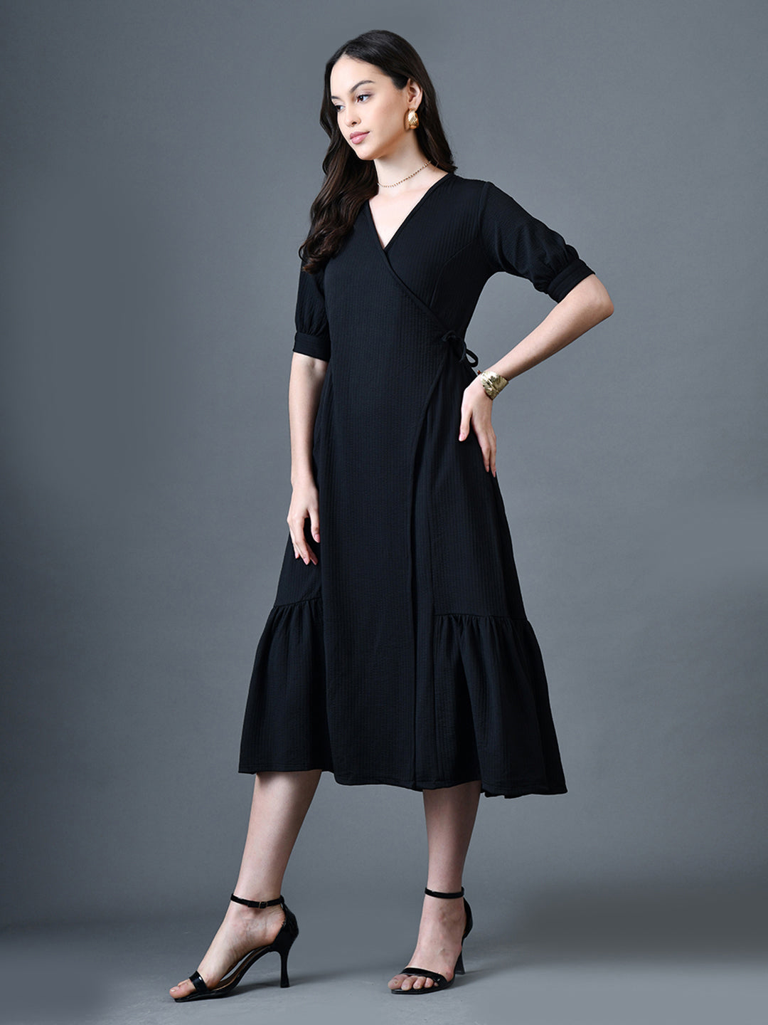 Myshka Women Black Polyester A-Line V-Neck Solid Knee Length Short Sleeves Dresses | Grocsy