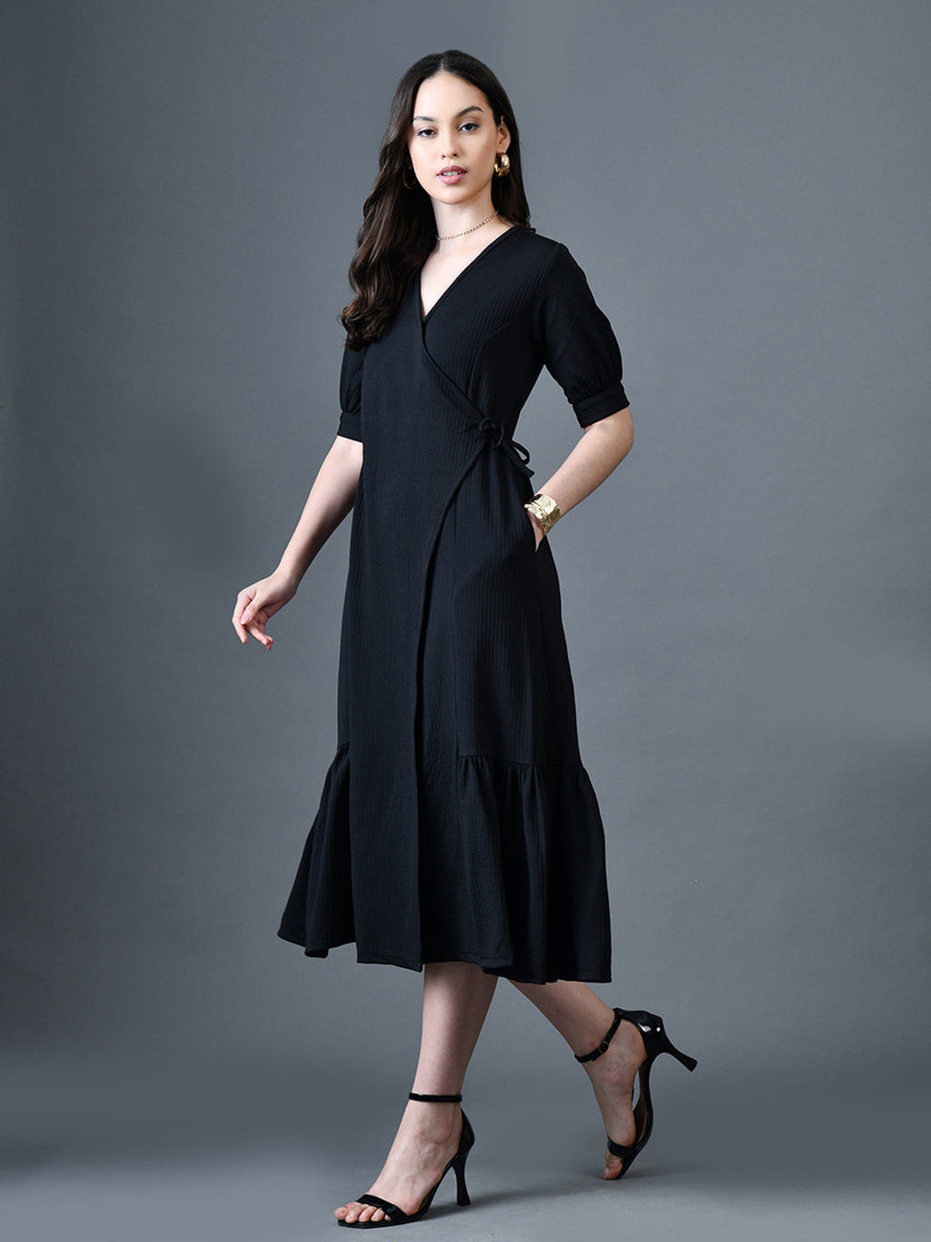 Myshka Women Black Polyester A-Line V-Neck Solid Knee Length Short Sleeves Dresses | Grocsy