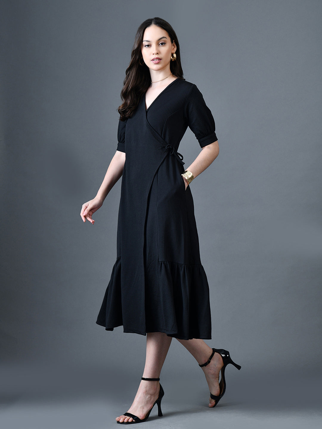 Myshka Women Black Polyester A-Line V-Neck Solid Knee Length Short Sleeves Dresses | Grocsy