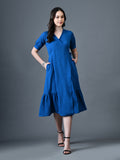 Myshka Women Blue Polyester A-Line V-Neck Solid Knee Length Short Sleeves Dresses | Grocsy