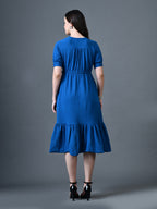 Myshka Women Blue Polyester A-Line V-Neck Solid Knee Length Short Sleeves Dresses | Grocsy