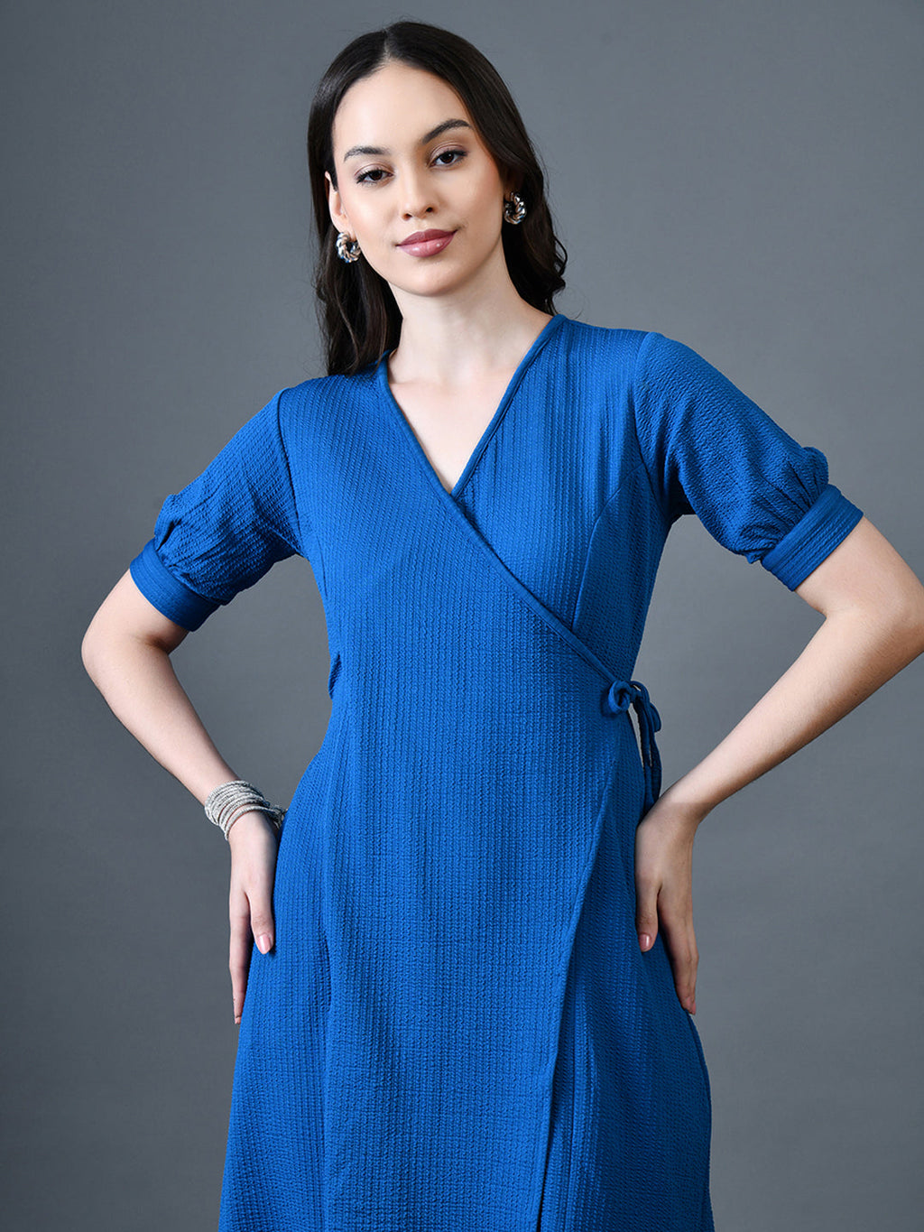 Myshka Women Blue Polyester A-Line V-Neck Solid Knee Length Short Sleeves Dresses | Grocsy