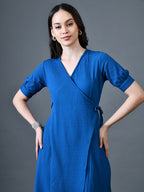 Myshka Women Blue Polyester A-Line V-Neck Solid Knee Length Short Sleeves Dresses | Grocsy