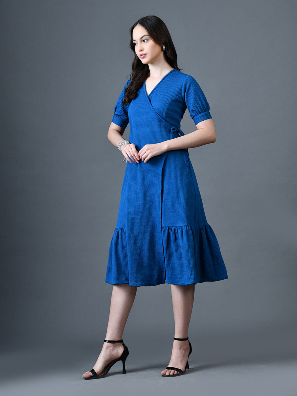 Myshka Women Blue Polyester A-Line V-Neck Solid Knee Length Short Sleeves Dresses | Grocsy