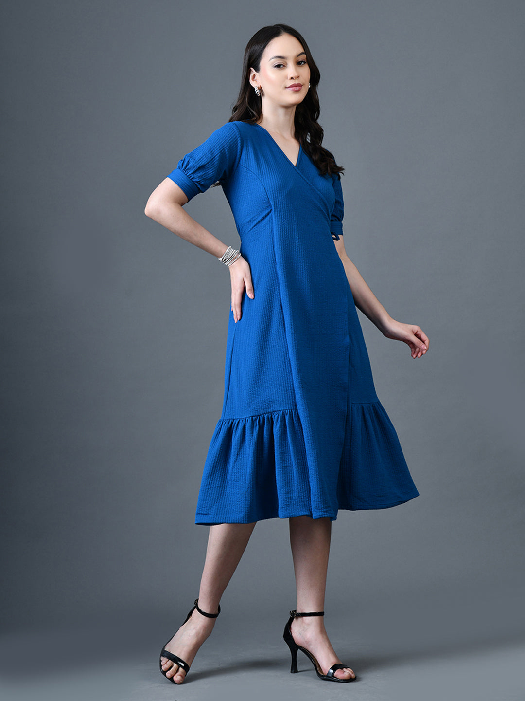 Myshka Women Blue Polyester A-Line V-Neck Solid Knee Length Short Sleeves Dresses | Grocsy
