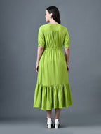 Myshka Women Sea Green Polyester A-Line V-Neck Solid Knee Length Short Sleeves Dresses | Grocsy