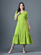 Myshka Women Sea Green Polyester A-Line V-Neck Solid Knee Length Short Sleeves Dresses | Grocsy
