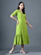 Myshka Women Sea Green Polyester A-Line V-Neck Solid Knee Length Short Sleeves Dresses | Grocsy