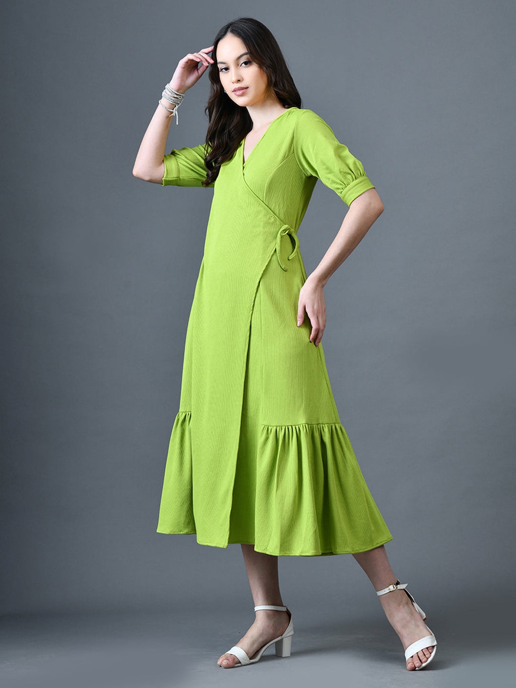Myshka Women Sea Green Polyester A-Line V-Neck Solid Knee Length Short Sleeves Dresses | Grocsy