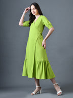 Myshka Women Sea Green Polyester A-Line V-Neck Solid Knee Length Short Sleeves Dresses | Grocsy