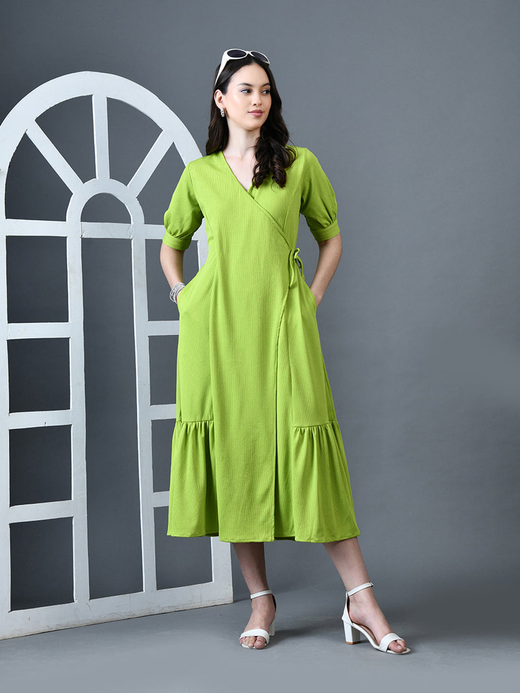 Myshka Women Sea Green Polyester A-Line V-Neck Solid Knee Length Short Sleeves Dresses | Grocsy