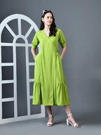 Myshka Women Sea Green Polyester A-Line V-Neck Solid Knee Length Short Sleeves Dresses | Grocsy