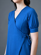 Myshka Women Blue Polyester A-Line V-Neck Solid Knee Length Short Sleeves Dresses | Grocsy