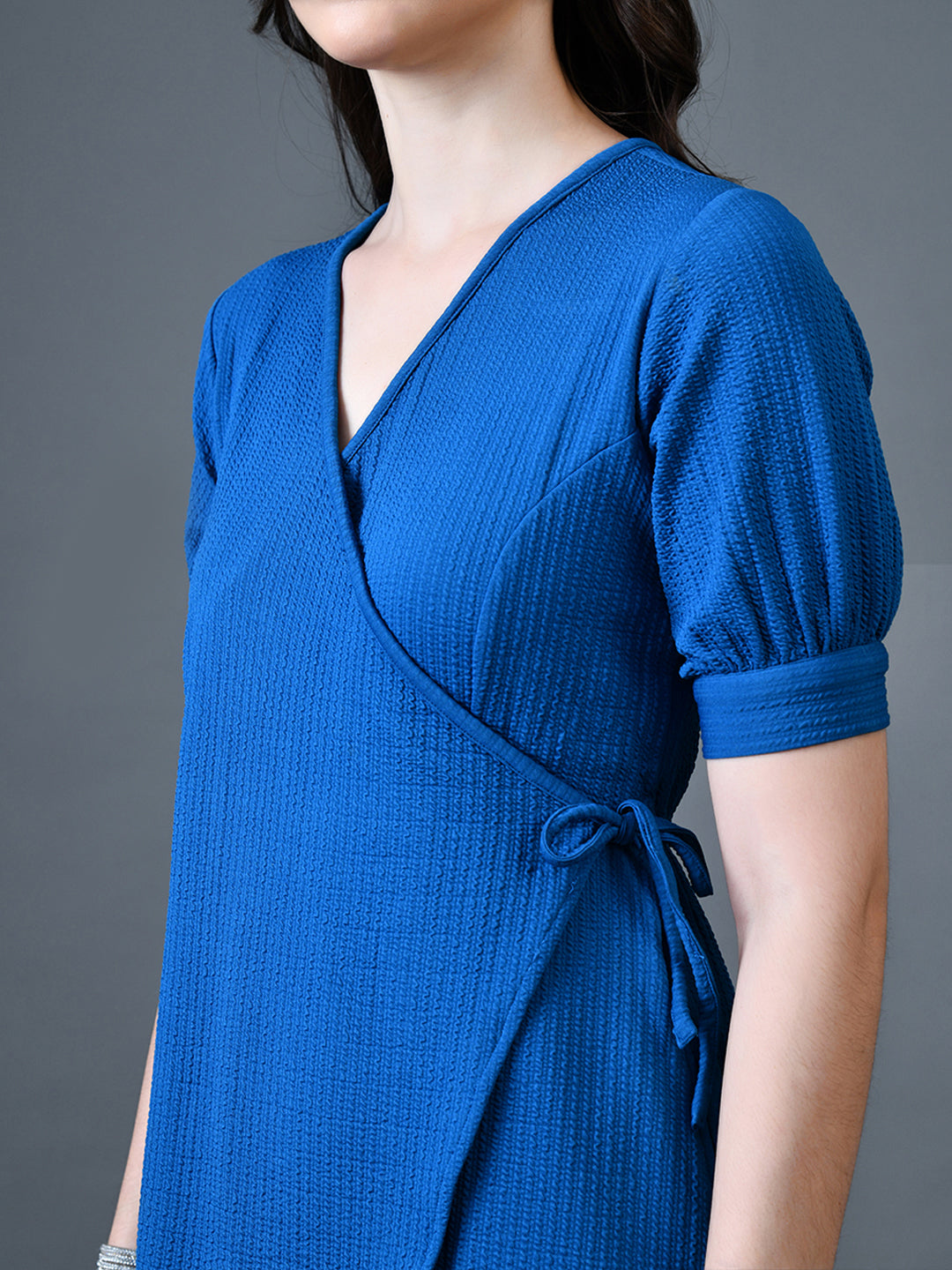 Myshka Women Blue Polyester A-Line V-Neck Solid Knee Length Short Sleeves Dresses | Grocsy