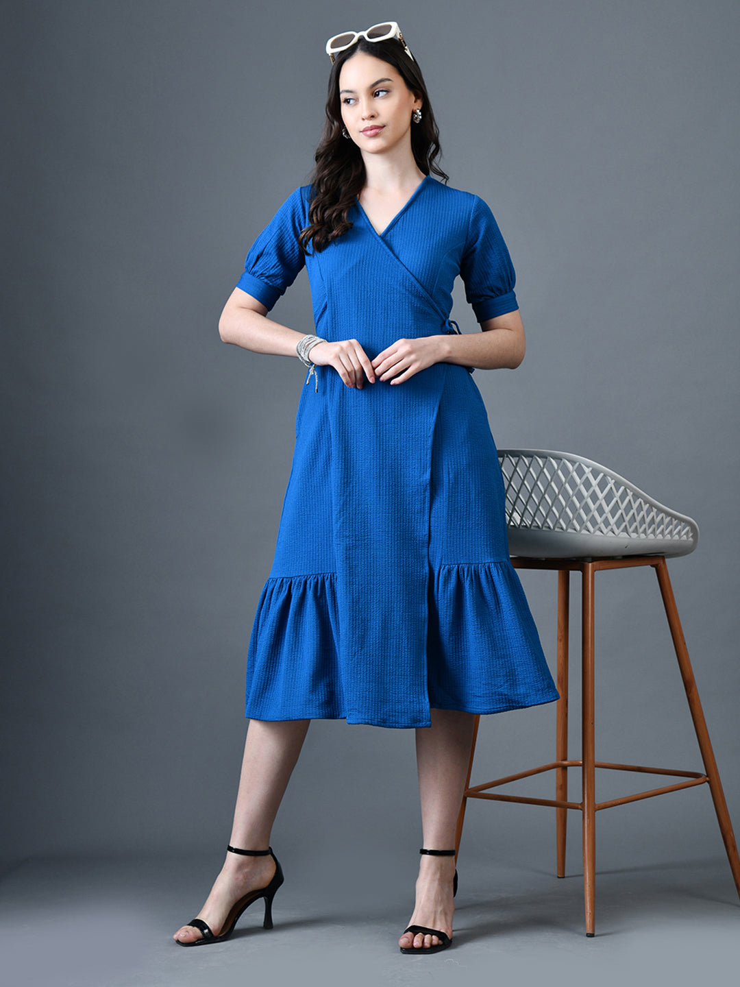 Myshka Women Blue Polyester A-Line V-Neck Solid Knee Length Short Sleeves Dresses | Grocsy