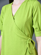 Myshka Women Sea Green Polyester A-Line V-Neck Solid Knee Length Short Sleeves Dresses | Grocsy