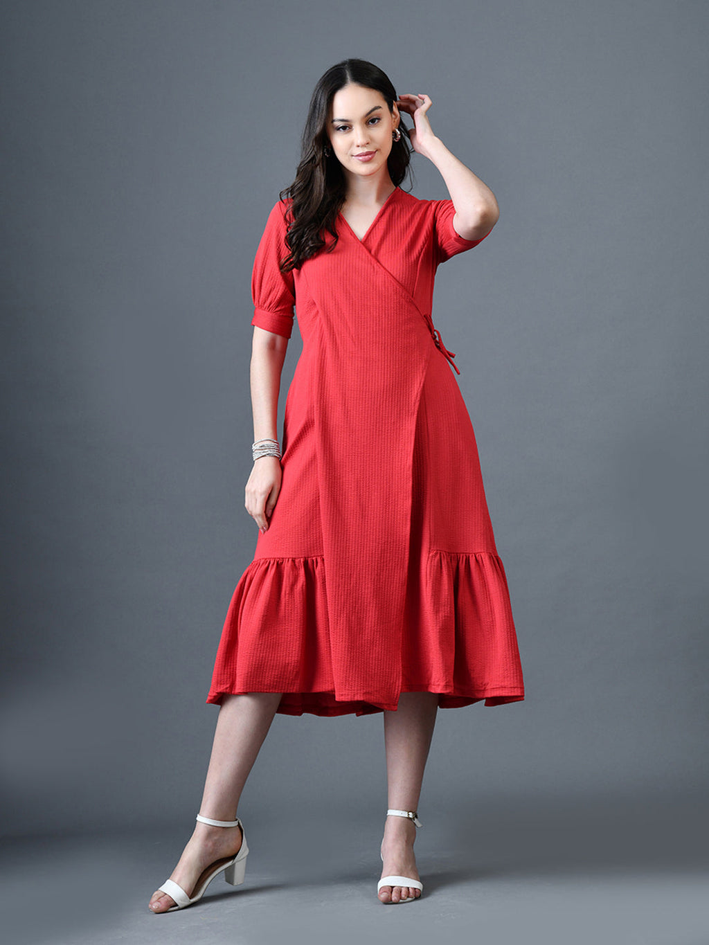 Myshka Women Red Polyester A-Line V-Neck Solid Knee Length Short Sleeves Dresses | Grocsy