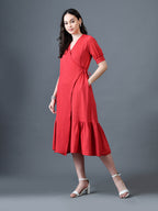 Myshka Women Red Polyester A-Line V-Neck Solid Knee Length Short Sleeves Dresses | Grocsy