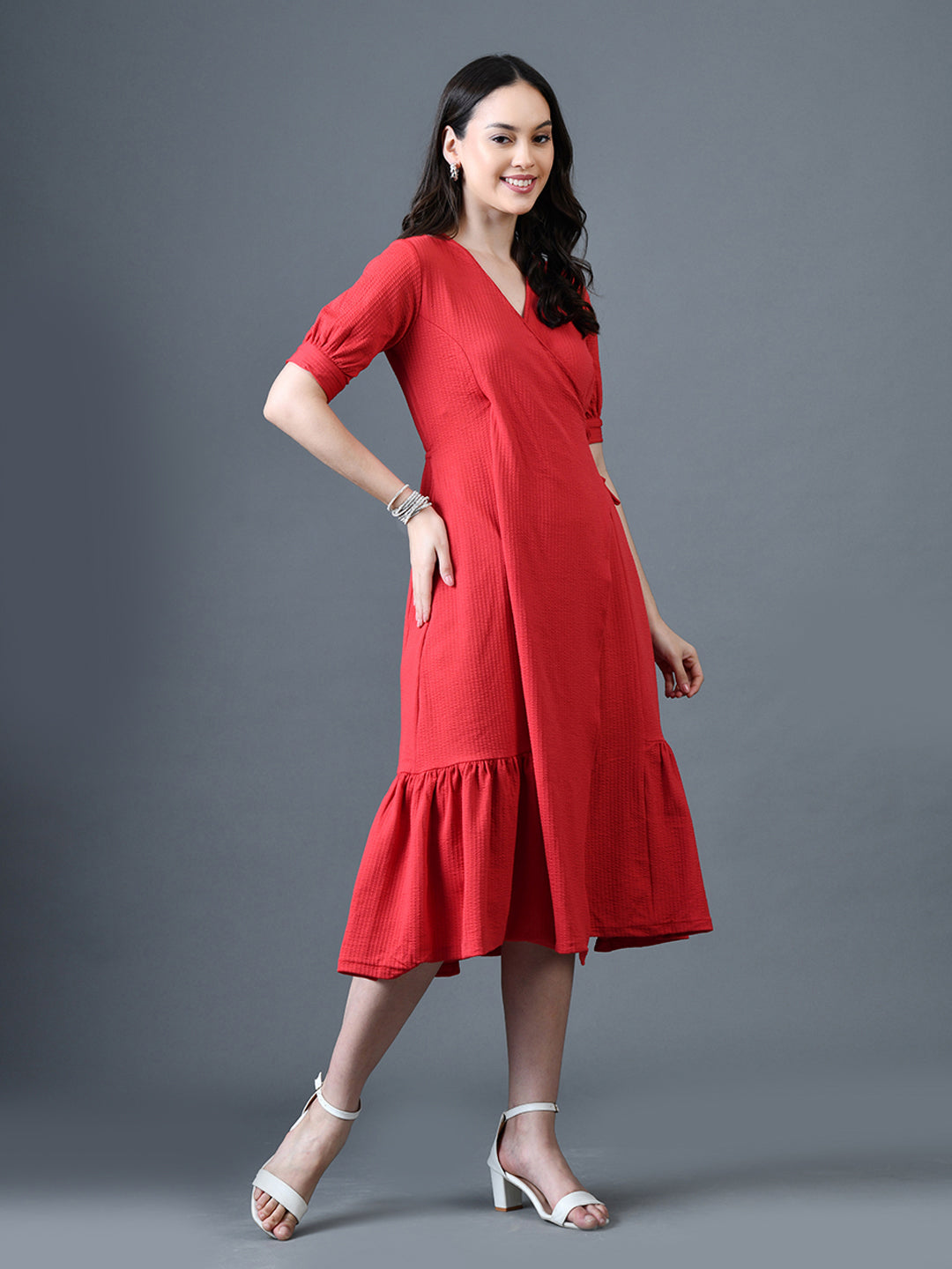Myshka Women Red Polyester A-Line V-Neck Solid Knee Length Short Sleeves Dresses | Grocsy