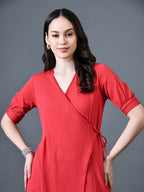 Myshka Women Red Polyester A-Line V-Neck Solid Knee Length Short Sleeves Dresses | Grocsy